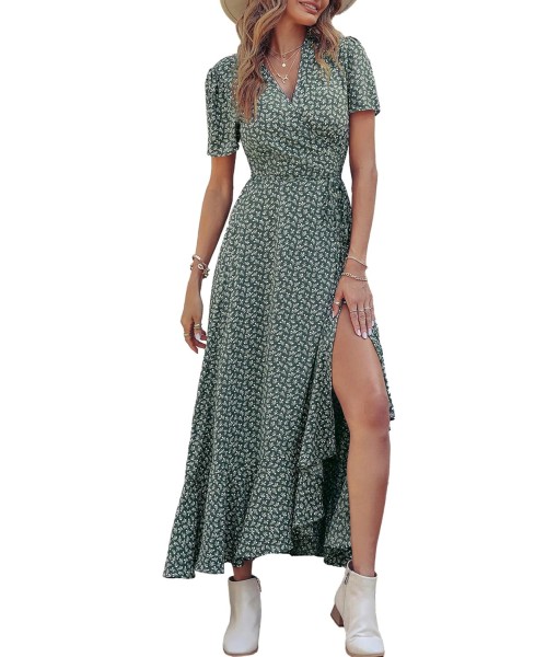 PRETTYGARDEN Women's Summer Maxi Dress Casual Wrap Floral Boho Short Sleeve V Neck Split Ruffle Beach Long Dresses