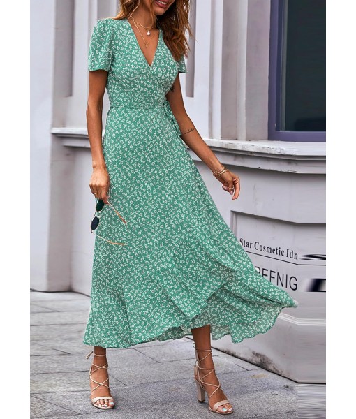 PRETTYGARDEN Women's Summer Maxi Dress Casual Wrap Floral Boho Short Sleeve V Neck Split Ruffle Beach Long Dresses