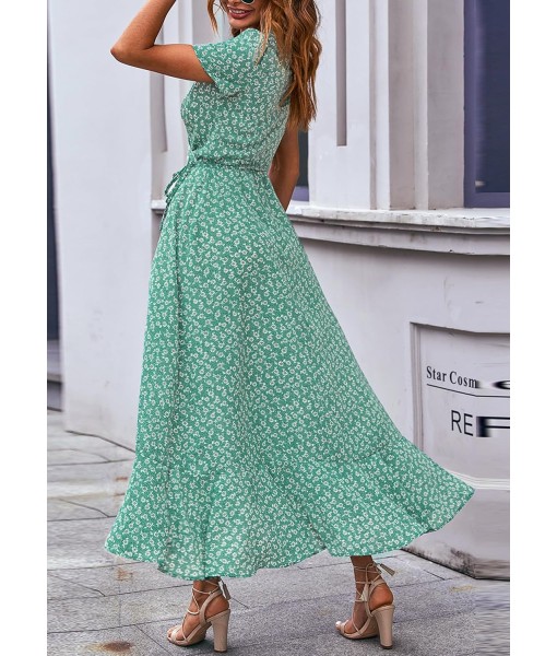 PRETTYGARDEN Women's Summer Maxi Dress Casual Wrap Floral Boho Short Sleeve V Neck Split Ruffle Beach Long Dresses