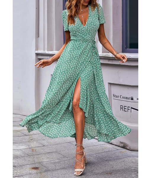 PRETTYGARDEN Women's Summer Maxi Dress Casual Wrap Floral Boho Short Sleeve V Neck Split Ruffle Beach Long Dresses