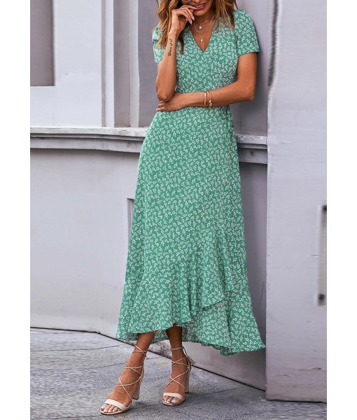 PRETTYGARDEN Women's Summer Maxi Dress Casual Wrap Floral Boho Short Sleeve V Neck Split Ruffle Beach Long Dresses