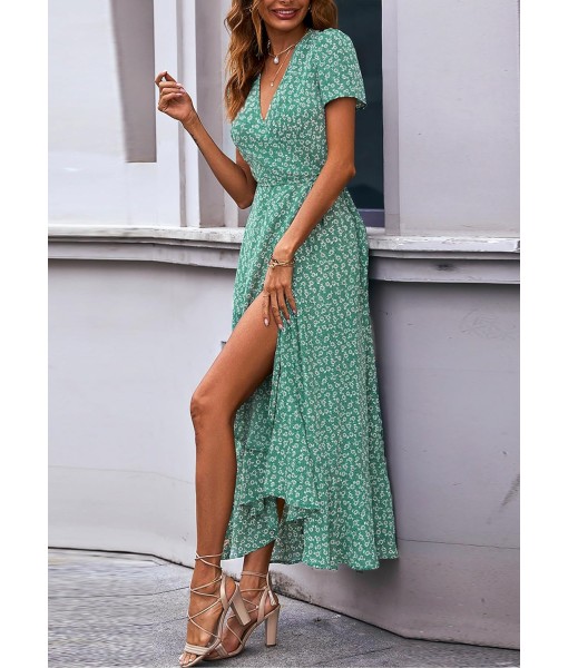 PRETTYGARDEN Women's Summer Maxi Dress Casual Wrap Floral Boho Short Sleeve V Neck Split Ruffle Beach Long Dresses