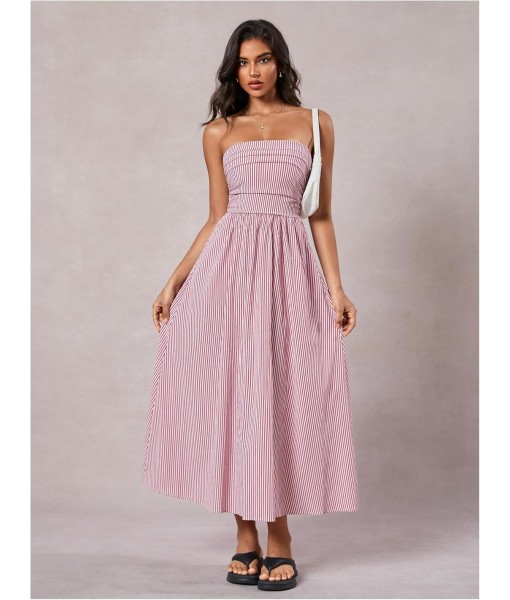 Milumia Women's Striped Strapless Maxi Dress Summer Flared Tube Top Long Dresses with Pocket