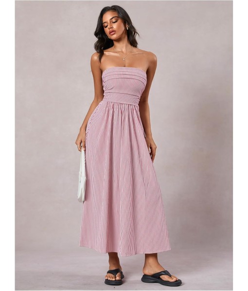 Milumia Women's Striped Strapless Maxi Dress Summer Flared Tube Top Long Dresses with Pocket