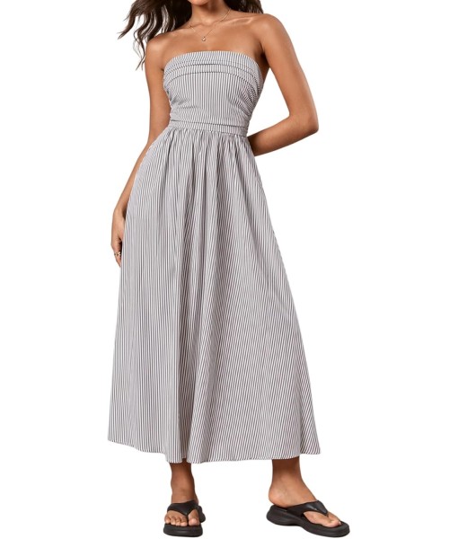 Milumia Women's Striped Strapless Maxi Dress Summer Flared Tube Top Long Dresses with Pocket