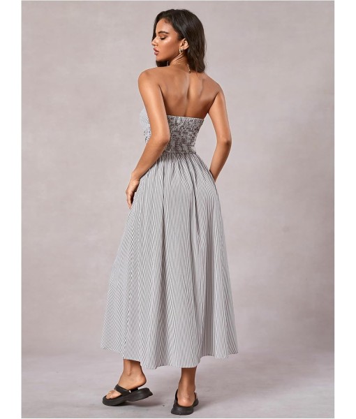 Milumia Women's Striped Strapless Maxi Dress Summer Flared Tube Top Long Dresses with Pocket