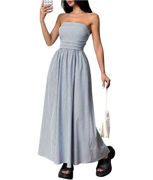 Milumia Women's Striped Strapless Maxi Dress Summer Flared Tube Top Long Dresses with Pocket