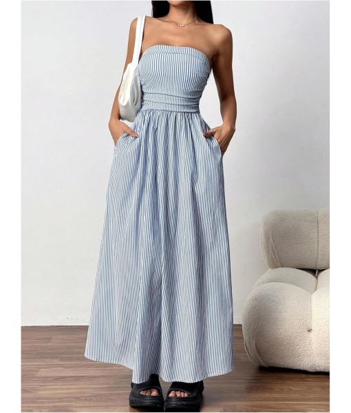 Milumia Women's Striped Strapless Maxi Dress Summer Flared Tube Top Long Dresses with Pocket