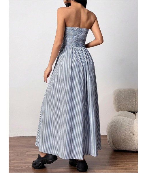Milumia Women's Striped Strapless Maxi Dress Summer Flared Tube Top Long Dresses with Pocket