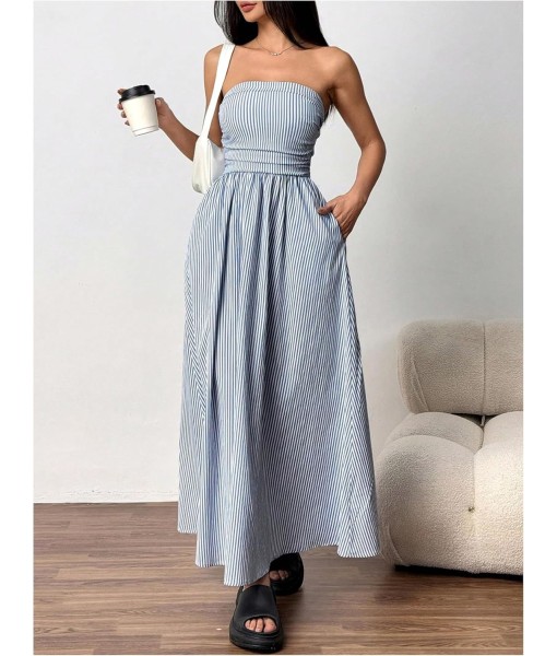 Milumia Women's Striped Strapless Maxi Dress Summer Flared Tube Top Long Dresses with Pocket