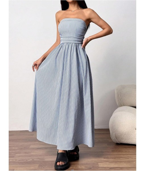 Milumia Women's Striped Strapless Maxi Dress Summer Flared Tube Top Long Dresses with Pocket