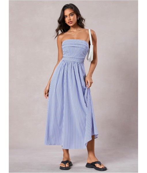 Milumia Women's Striped Strapless Maxi Dress Summer Flared Tube Top Long Dresses with Pocket