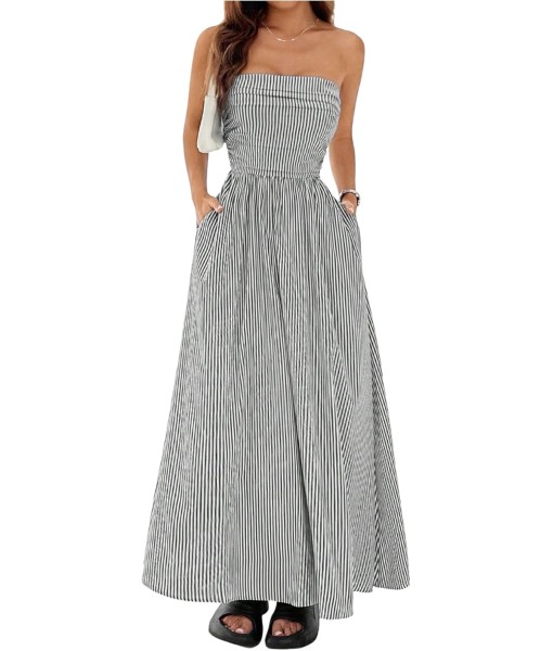 Milumia Women's Striped Strapless Maxi Dress Summer Flared Tube Top Long Dresses with Pocket