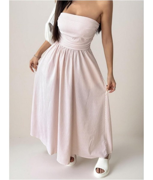 Milumia Women's Striped Strapless Maxi Dress Summer Flared Tube Top Long Dresses with Pocket
