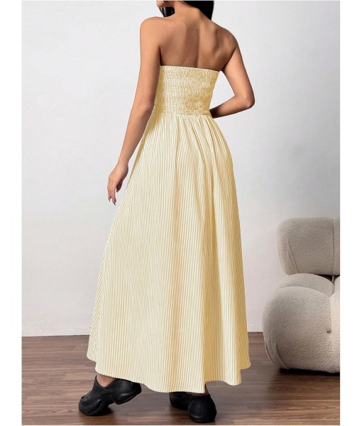 Milumia Women's Striped Strapless Maxi Dress Summer Flared Tube Top Long Dresses with Pocket