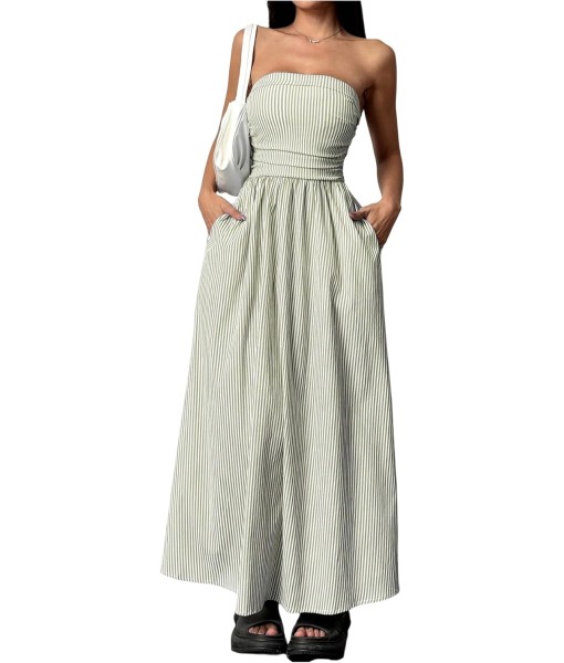 Milumia Women's Striped Strapless Maxi Dress Summer Flared Tube Top Long Dresses with Pocket