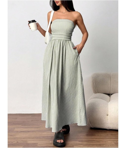 Milumia Women's Striped Strapless Maxi Dress Summer Flared Tube Top Long Dresses with Pocket
