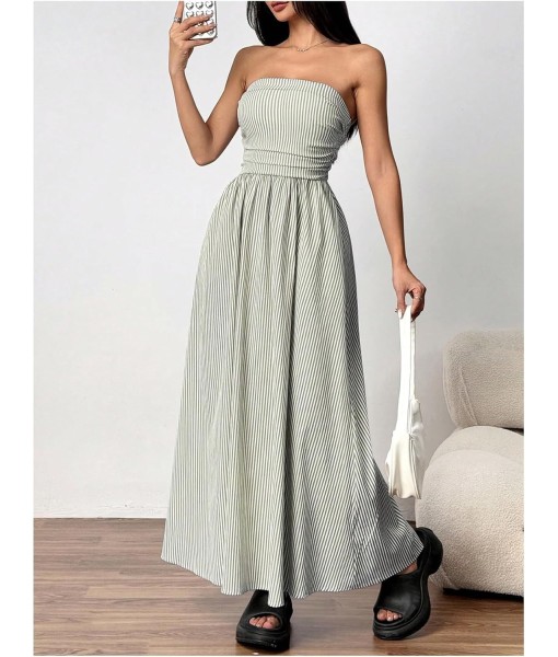 Milumia Women's Striped Strapless Maxi Dress Summer Flared Tube Top Long Dresses with Pocket