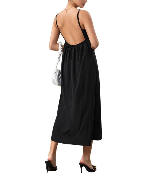 SOLY HUX Women's Summer Dress Backless V Neck Spaghetti Strap Loose Flowy Midi Cami Dresses