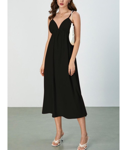 SOLY HUX Women's Summer Dress Backless V Neck Spaghetti Strap Loose Flowy Midi Cami Dresses