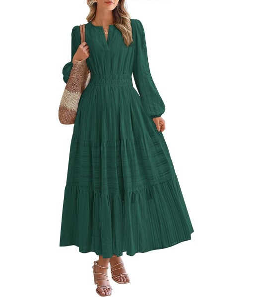 BTFBM Fall Dresses for Women 2025 Casual Long Sleeve V Neck Elastic Waist Lightweight Maxi Wedding Guest Dress Pockets