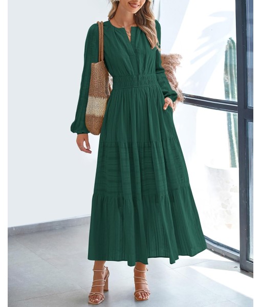 BTFBM Fall Dresses for Women 2025 Casual Long Sleeve V Neck Elastic Waist Lightweight Maxi Wedding Guest Dress Pockets