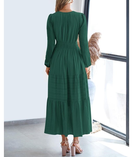 BTFBM Fall Dresses for Women 2025 Casual Long Sleeve V Neck Elastic Waist Lightweight Maxi Wedding Guest Dress Pockets