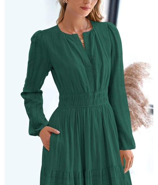 BTFBM Fall Dresses for Women 2025 Casual Long Sleeve V Neck Elastic Waist Lightweight Maxi Wedding Guest Dress Pockets