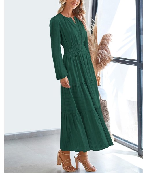 BTFBM Fall Dresses for Women 2025 Casual Long Sleeve V Neck Elastic Waist Lightweight Maxi Wedding Guest Dress Pockets