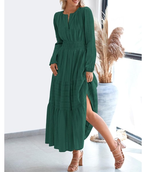 BTFBM Fall Dresses for Women 2025 Casual Long Sleeve V Neck Elastic Waist Lightweight Maxi Wedding Guest Dress Pockets