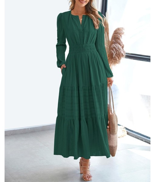 BTFBM Fall Dresses for Women 2025 Casual Long Sleeve V Neck Elastic Waist Lightweight Maxi Wedding Guest Dress Pockets