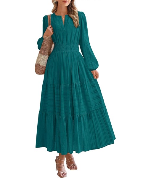 BTFBM Fall Dresses for Women 2025 Casual Long Sleeve V Neck Elastic Waist Lightweight Maxi Wedding Guest Dress Pockets