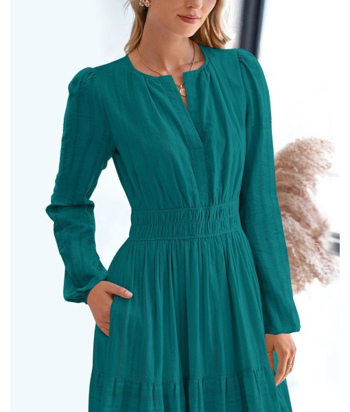 BTFBM Fall Dresses for Women 2025 Casual Long Sleeve V Neck Elastic Waist Lightweight Maxi Wedding Guest Dress Pockets