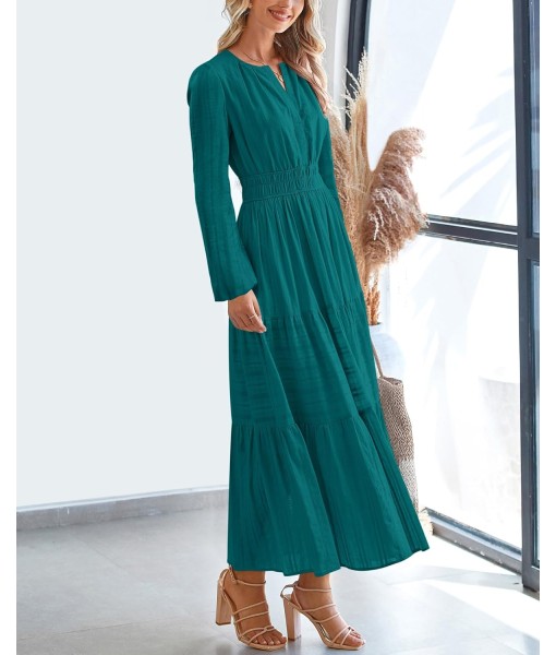 BTFBM Fall Dresses for Women 2025 Casual Long Sleeve V Neck Elastic Waist Lightweight Maxi Wedding Guest Dress Pockets