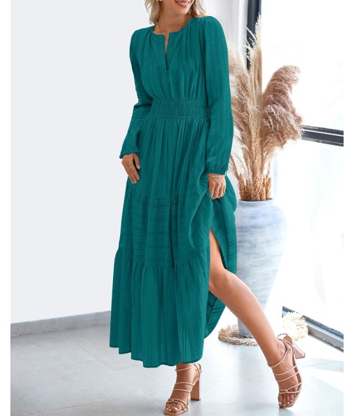 BTFBM Fall Dresses for Women 2025 Casual Long Sleeve V Neck Elastic Waist Lightweight Maxi Wedding Guest Dress Pockets