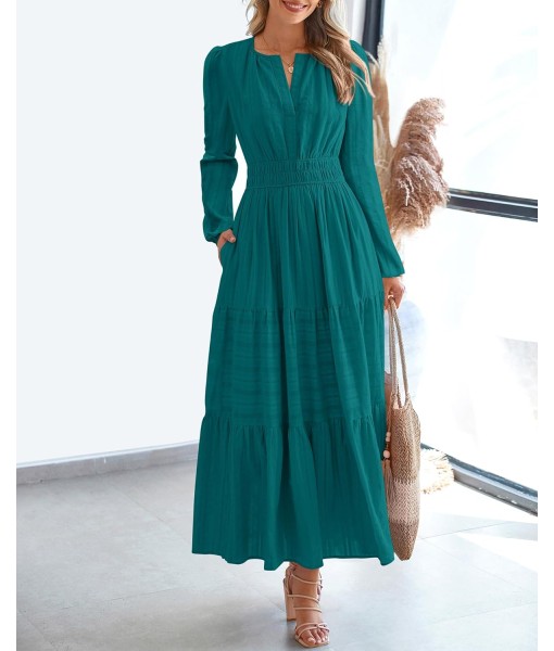 BTFBM Fall Dresses for Women 2025 Casual Long Sleeve V Neck Elastic Waist Lightweight Maxi Wedding Guest Dress Pockets