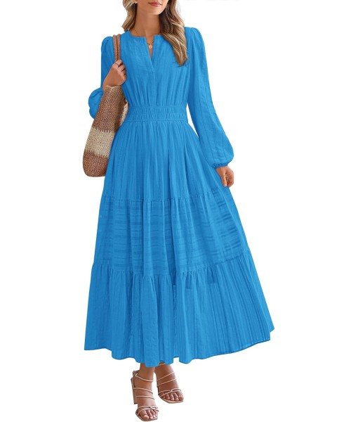 BTFBM Fall Dresses for Women 2025 Casual Long Sleeve V Neck Elastic Waist Lightweight Maxi Wedding Guest Dress Pockets