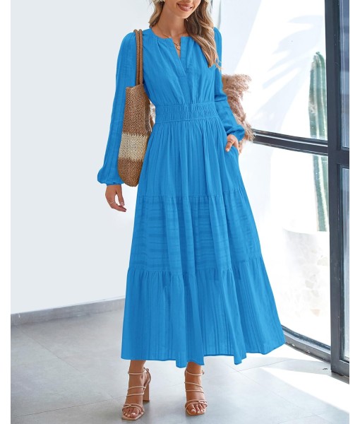 BTFBM Fall Dresses for Women 2025 Casual Long Sleeve V Neck Elastic Waist Lightweight Maxi Wedding Guest Dress Pockets