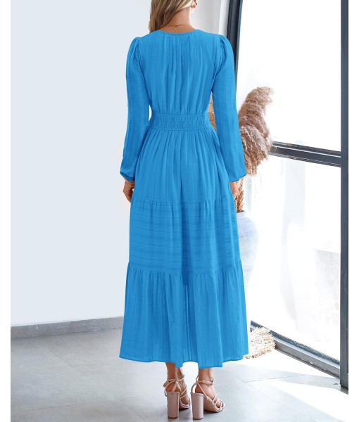 BTFBM Fall Dresses for Women 2025 Casual Long Sleeve V Neck Elastic Waist Lightweight Maxi Wedding Guest Dress Pockets