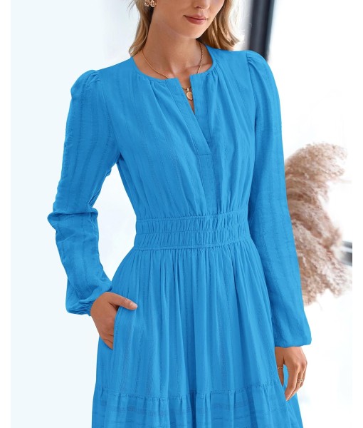 BTFBM Fall Dresses for Women 2025 Casual Long Sleeve V Neck Elastic Waist Lightweight Maxi Wedding Guest Dress Pockets