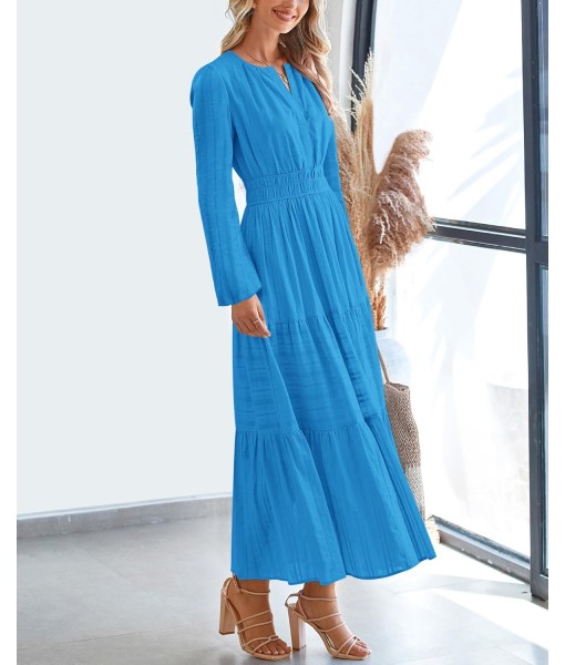 BTFBM Fall Dresses for Women 2025 Casual Long Sleeve V Neck Elastic Waist Lightweight Maxi Wedding Guest Dress Pockets