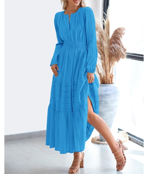 BTFBM Fall Dresses for Women 2025 Casual Long Sleeve V Neck Elastic Waist Lightweight Maxi Wedding Guest Dress Pockets
