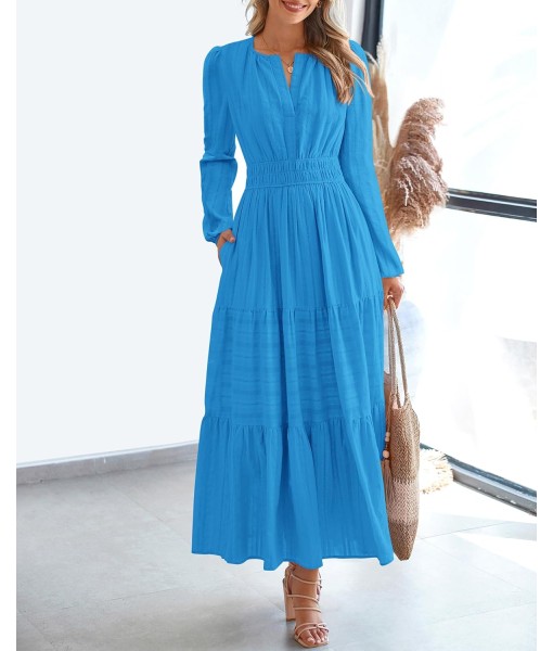 BTFBM Fall Dresses for Women 2025 Casual Long Sleeve V Neck Elastic Waist Lightweight Maxi Wedding Guest Dress Pockets