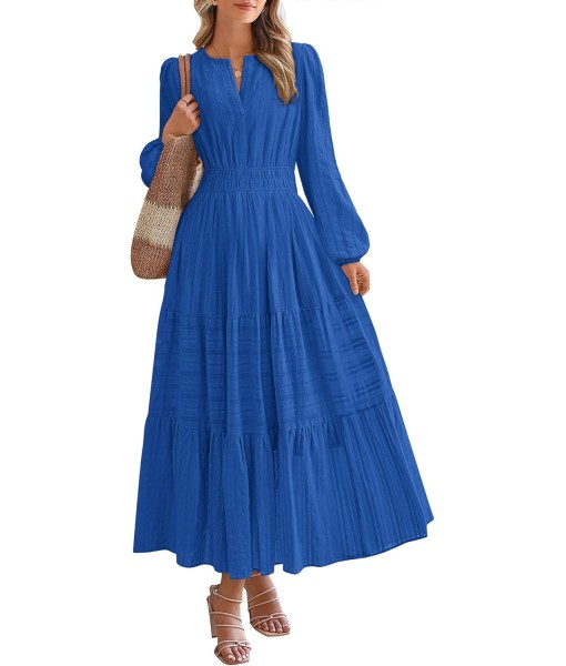 BTFBM Fall Dresses for Women 2025 Casual Long Sleeve V Neck Elastic Waist Lightweight Maxi Wedding Guest Dress Pockets