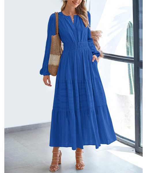 BTFBM Fall Dresses for Women 2025 Casual Long Sleeve V Neck Elastic Waist Lightweight Maxi Wedding Guest Dress Pockets