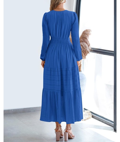 BTFBM Fall Dresses for Women 2025 Casual Long Sleeve V Neck Elastic Waist Lightweight Maxi Wedding Guest Dress Pockets