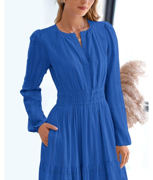 BTFBM Fall Dresses for Women 2025 Casual Long Sleeve V Neck Elastic Waist Lightweight Maxi Wedding Guest Dress Pockets