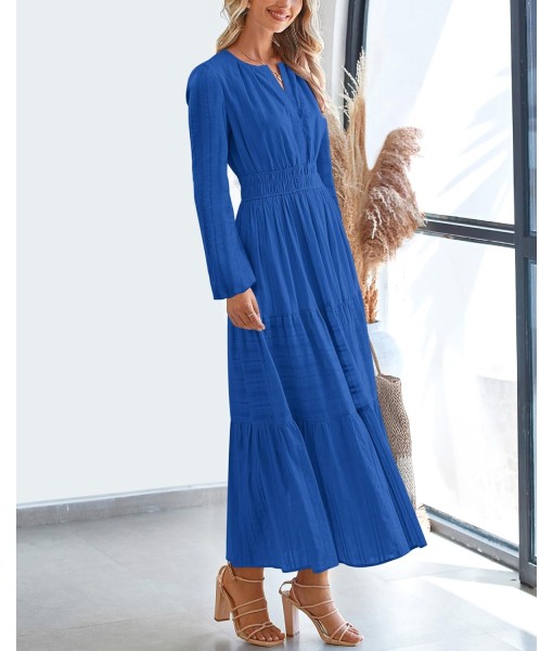 BTFBM Fall Dresses for Women 2025 Casual Long Sleeve V Neck Elastic Waist Lightweight Maxi Wedding Guest Dress Pockets
