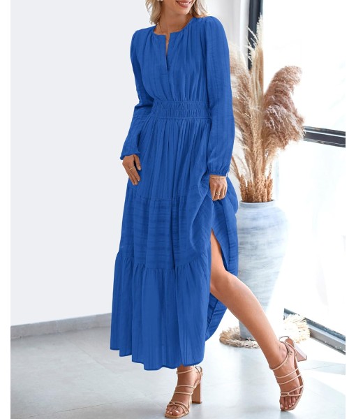BTFBM Fall Dresses for Women 2025 Casual Long Sleeve V Neck Elastic Waist Lightweight Maxi Wedding Guest Dress Pockets