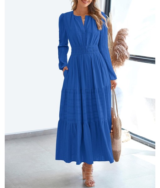 BTFBM Fall Dresses for Women 2025 Casual Long Sleeve V Neck Elastic Waist Lightweight Maxi Wedding Guest Dress Pockets